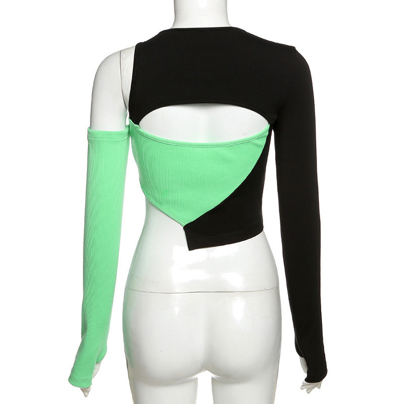 Green & Black Patchwork Hollow Out Long Sleeve Shirt