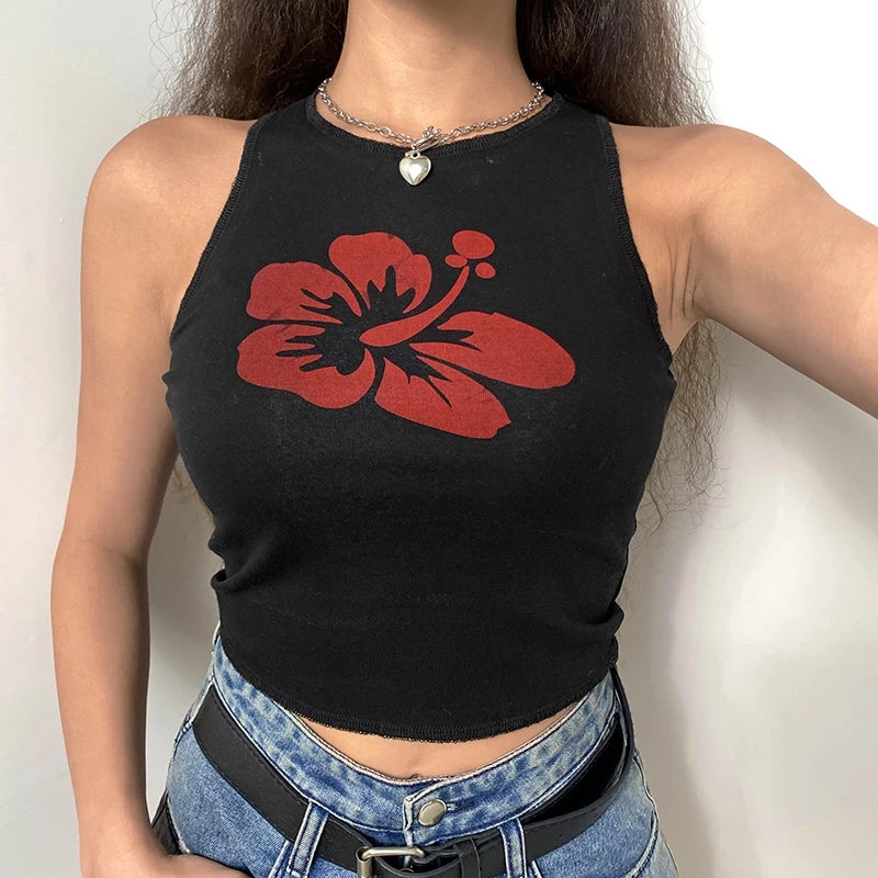 Cute Hawaii Flower Tank Crop Top Vintage Short Sleeve Shirt Sleeveless O Neck Casual Summer E-Girl Kawaii Korean Japanese Harajuku Streetwear