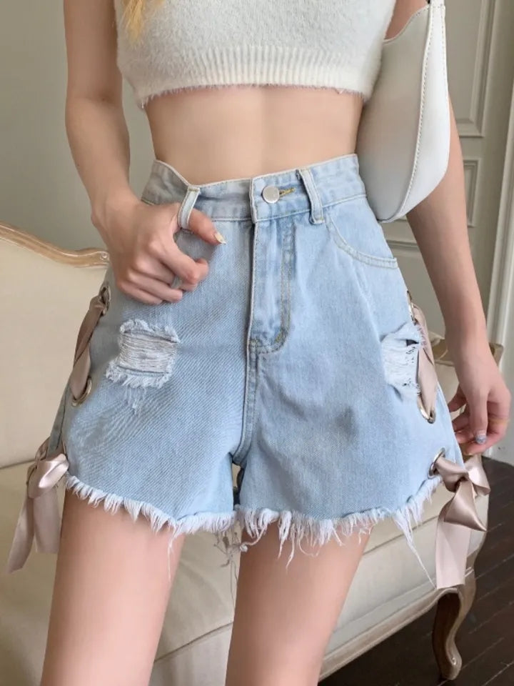 Ribbon Bow High Waist Denim Shorts