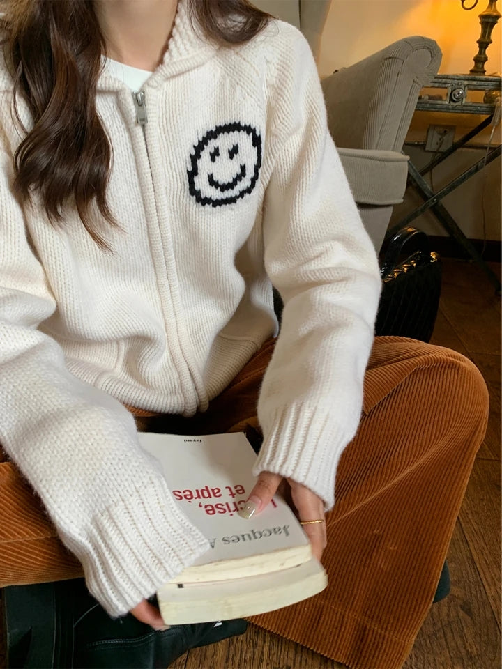 Smiley Face Loose Zipper Sweater