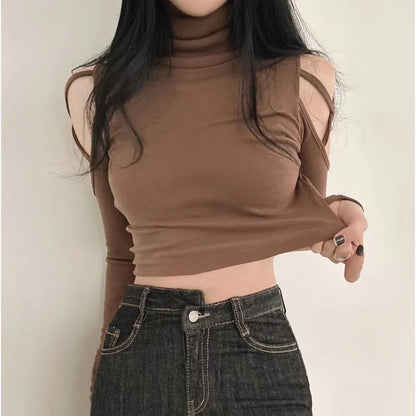 Turtleneck Hollow Out Long Sleeve Crop Top