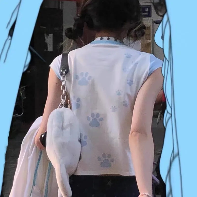 Cat Print Patchwork Short Sleeve T-shirt