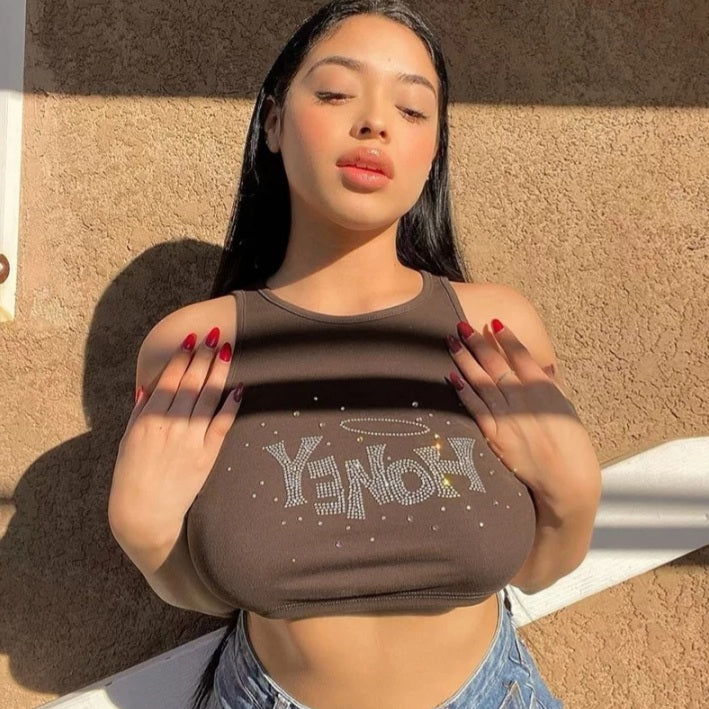 Cute Brown Honey Rhinestone Crystal Glitter Bling 90s Sleeveless Tank Crop Top Aesthetic Casual Summer E-Girl Kawaii Korean Japanese Harajuku