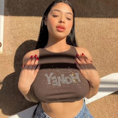 Cute Brown Honey Rhinestone Crystal Glitter Bling 90s Sleeveless Tank Crop Top Aesthetic Casual Summer E-Girl Kawaii Korean Japanese Harajuku