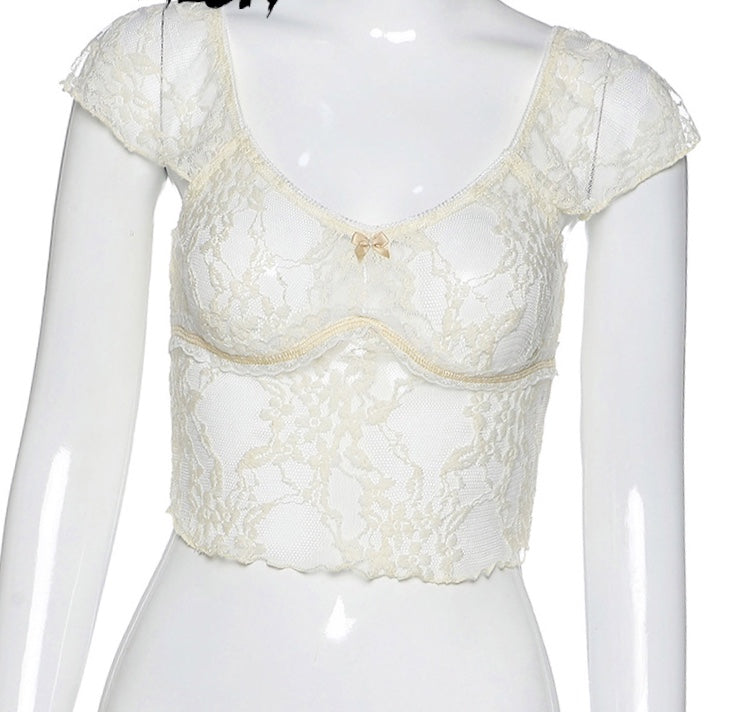 Cute Transparent Lace Mesh Sweet Crop Top Short Sleeve Shirt Tee T-shirt E-Girl Kawaii Korean Japanese Harajuku Chinese Retro Streetwear Aesthetic