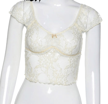 Cute Transparent Lace Mesh Sweet Crop Top Short Sleeve Shirt Tee T-shirt E-Girl Kawaii Korean Japanese Harajuku Chinese Retro Streetwear Aesthetic