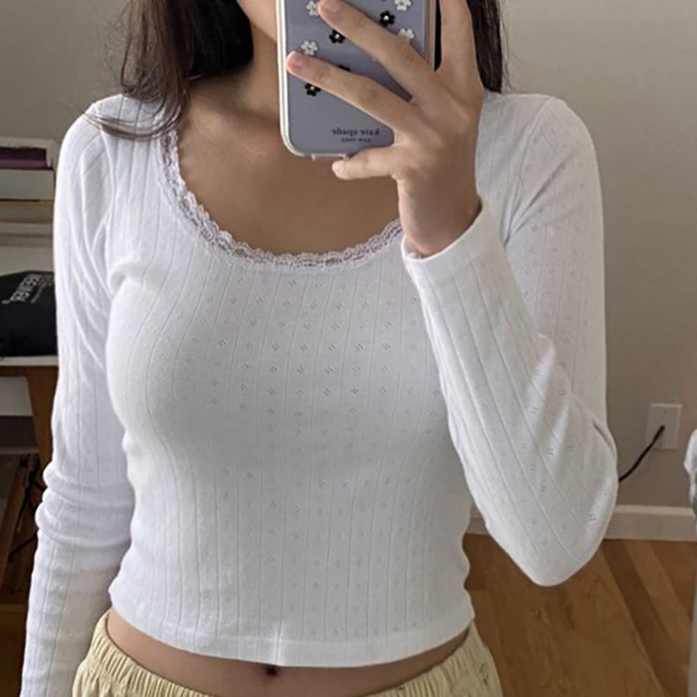 White Ribbed Lace Long Sleeve Shirt