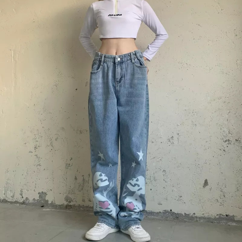Blue Skull Print Denim Straight Leg Jeans