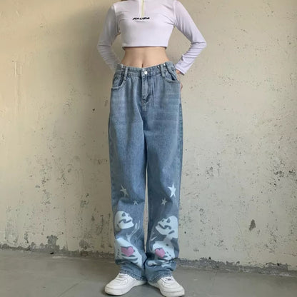 Blue Skull Print Denim Straight Leg Jeans