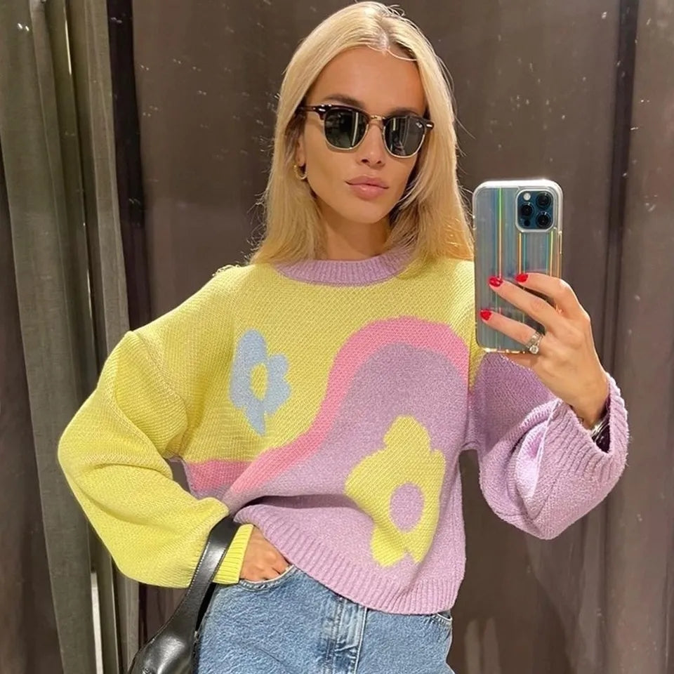 Purple & Yellow Flower Print Patchwork Sweater