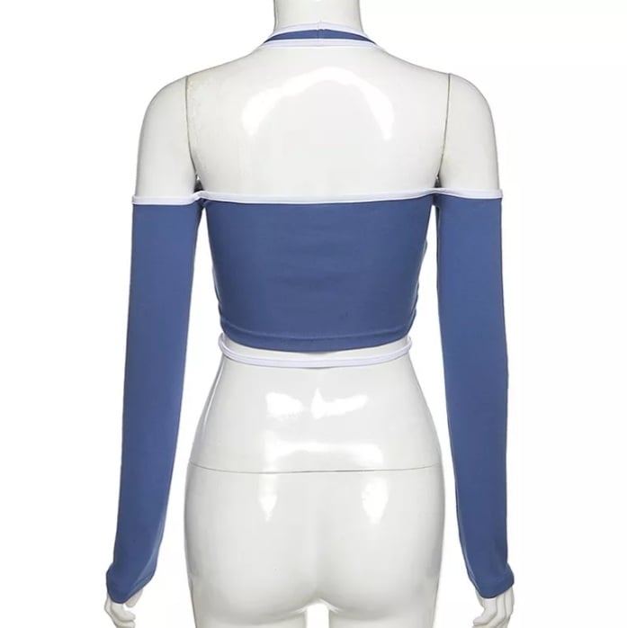 Blue Patchwork Halter Off Shoulder Hollow Crop Top Long Sleeve T-shirt Streetwear Summer Aesthetic Casual E-Girl Kawaii Korean Japanese Harajuku