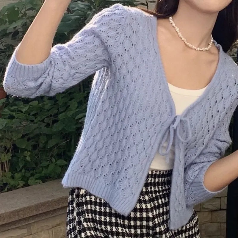 Hollow Out Lace Up V Neck Cardigan