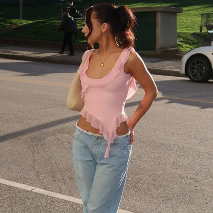 Pink Ruffle Irregular Crop Top