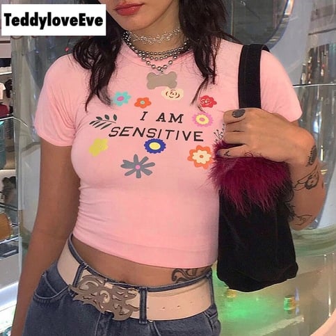 Cute Sensitive Pink Flower Embroidery Sexy Crop Top Short Sleeve Shirt Tee T-shirt Summer Casual E-Girl Kawaii Korean Japanese Harajuku Streetwear