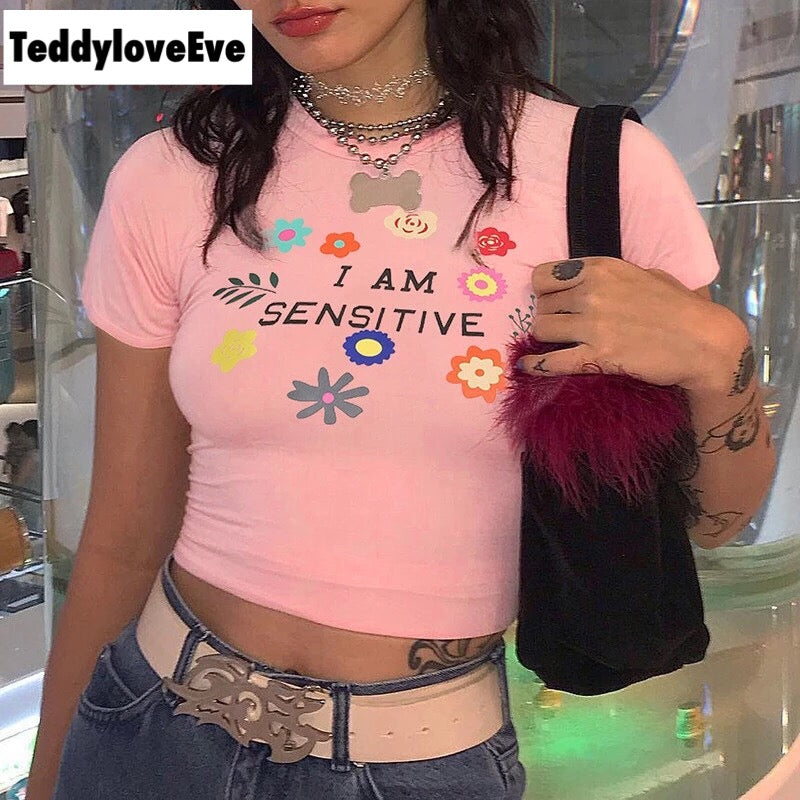 Cute Sensitive Pink Flower Embroidery Sexy Crop Top Short Sleeve Shirt Tee T-shirt Summer Casual E-Girl Kawaii Korean Japanese Harajuku Streetwear