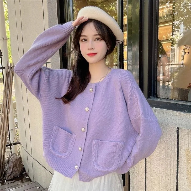 Purple Single Breasted Pocket Loose Cardigan