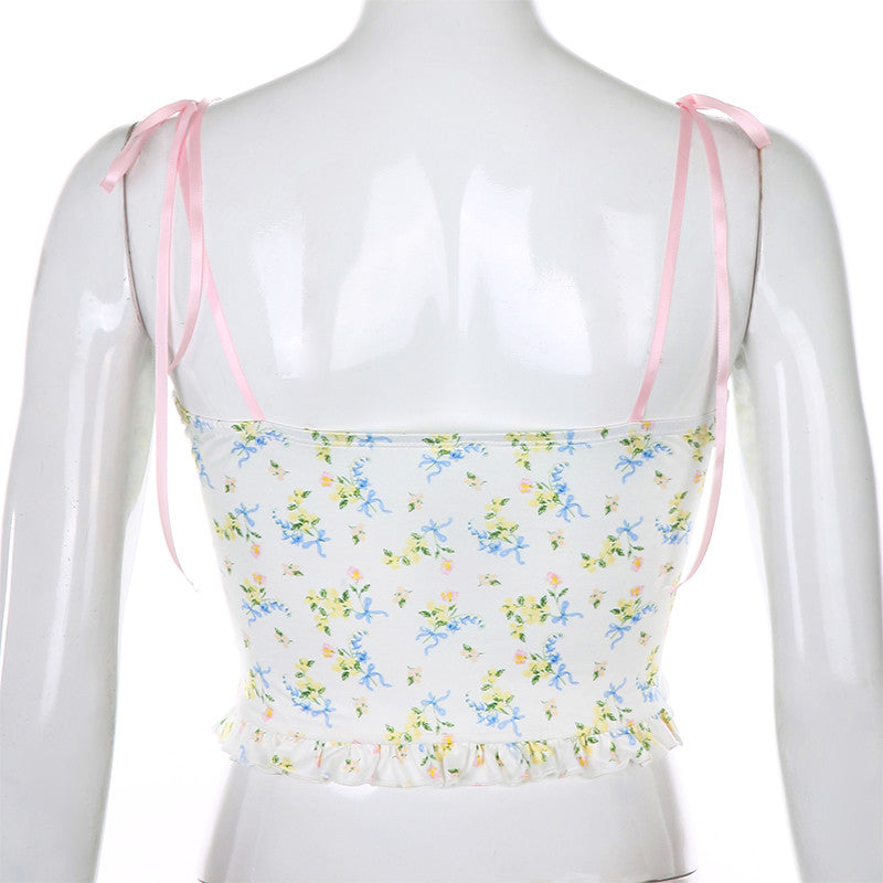 Lace Frill Floral Print Crop Top Summer Sleeveless Camisole Causal E-Girl Kawaii Korean Japanese Harajuku Streetwear