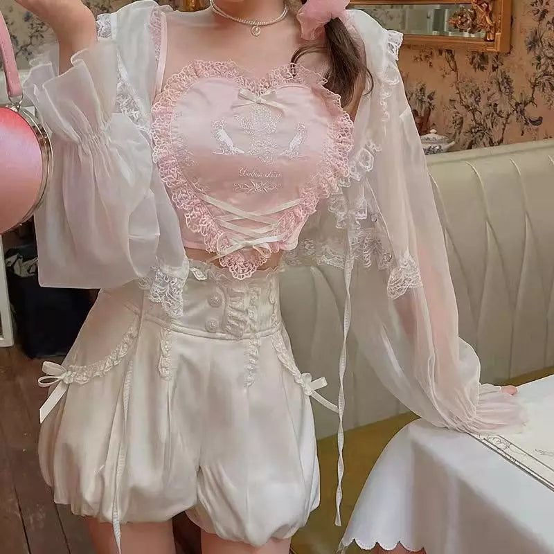 Cute Pink Lace Heart Frill Bustier Tank Crop Top Corset Summer Aesthetic Casual E-Girl Kawaii Korean Japanese Harajuku