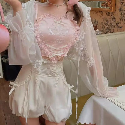 Cute Pink Lace Heart Frill Bustier Tank Crop Top Corset Summer Aesthetic Casual E-Girl Kawaii Korean Japanese Harajuku