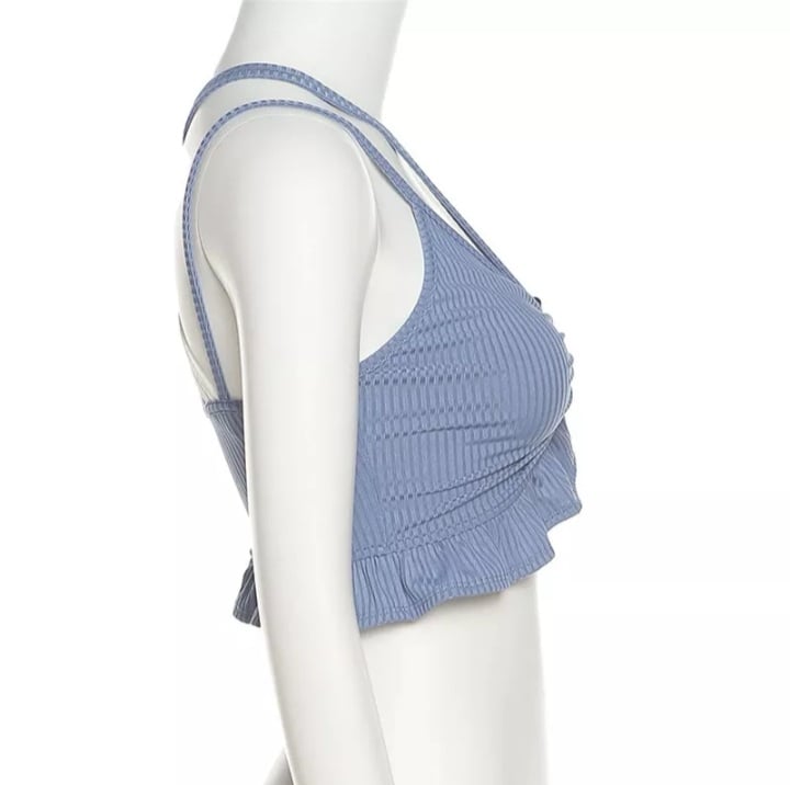 Cute Sexy Blue White Hollow Out Patchwork Rib Knit Camisole Crop Top Sleeveless Shirt Summer Aesthetic Casual E-Girl Kawaii Korean Japanese Harajuku