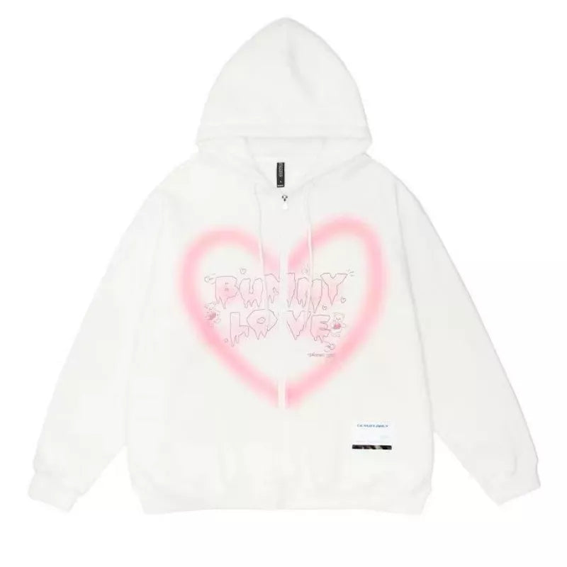 Bunny Love Heart Print Long Sleeve Hoodie