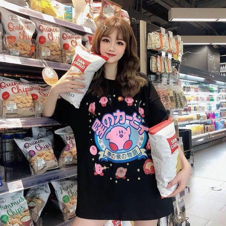Pastel Pink Japanese Anime Graphic Cartoon Print Loose Short Sleeve T-shirt