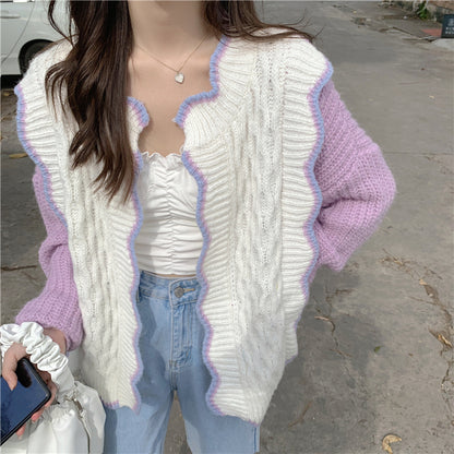 Purple & White Patchwork Knit Cardigan
