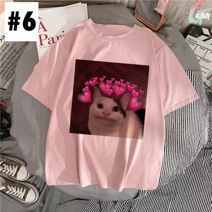 Cute Pink Funny Cat Kitten Meme Cartoon Print Loose Short Sleeve Short T-shirt Tee Top Summer Casual E-Girl Kawaii Korean Japanese Harajuku Streetwear