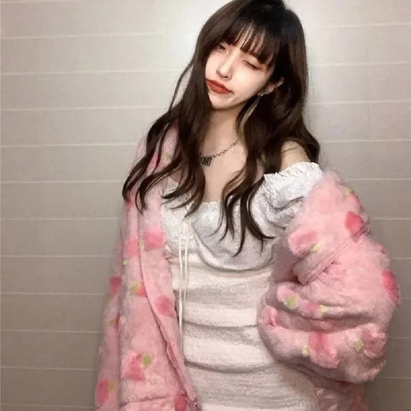 Cute Sweet Pink Peach Plush Oversized Thick Warm Jacket Zipper Hoodie Sweater Winter Autumn Aesthetic Casual E-Girl Kawaii Korean Japanese Harajuku