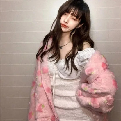 Cute Sweet Pink Peach Plush Oversized Thick Warm Jacket Zipper Hoodie Sweater Winter Autumn Aesthetic Casual E-Girl Kawaii Korean Japanese Harajuku