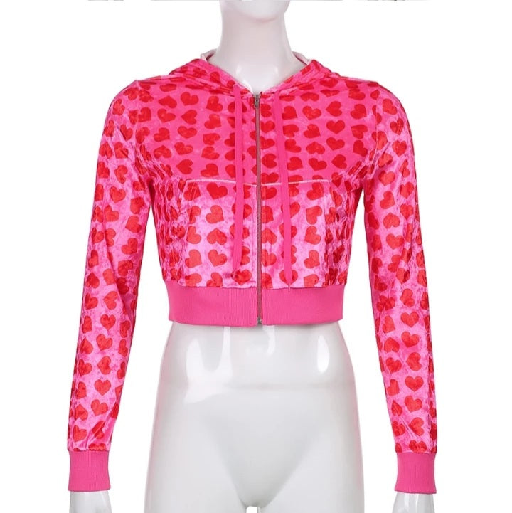 Cute Pink Heart Print Velvet Tracksuit Set Long Sleeve Cropped Hoodie + Sweatpants Aesthetic Casual Summer E-Girl Kawaii Korean Japanese Harajuku