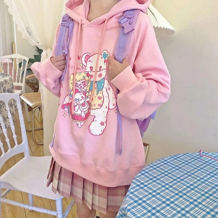 Cute Pastel Anime Girl Teddy Bear Cartoon Graphic Print Oversized Fleece Hoodie Sweatshirt Aesthetic Casual E-Girl Kawaii Korean Japanese Harajuku
