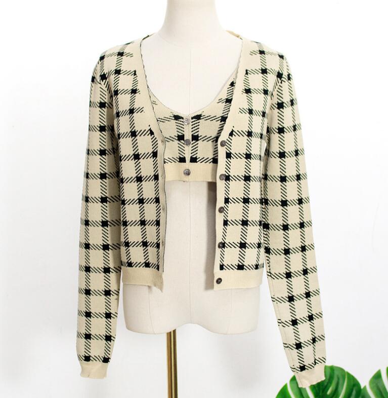 Cute 2 Pcs Gingham Plaid Sweater Knit Button Up Crop Top Shirt Tee T-shirt E-Girl Kawaii Korean Japanese Harajuku Chinese Retro Streetwear Aesthetic