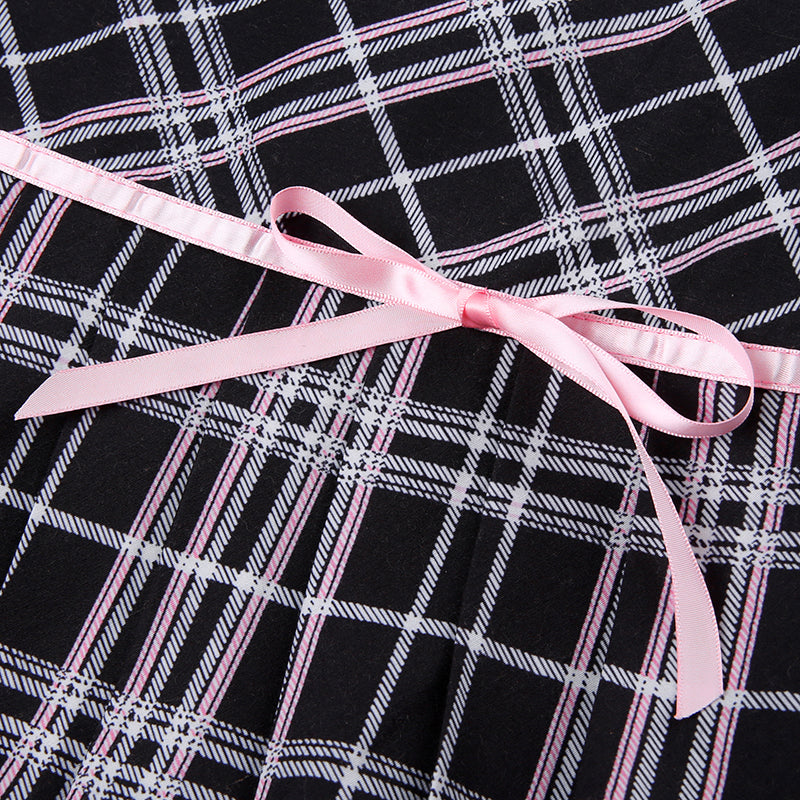 Pink Plaid Stripe Pleated High Waist Mini Skirt