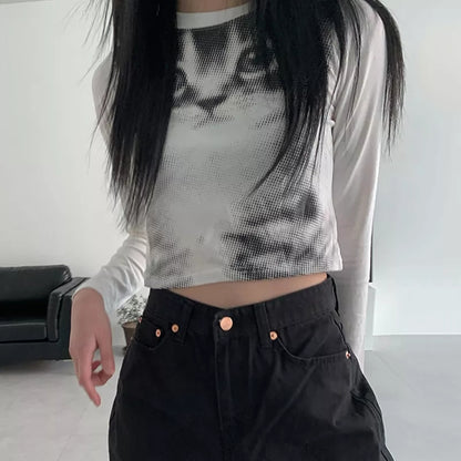 Indie Cat Print Long Sleeve T-shirt
