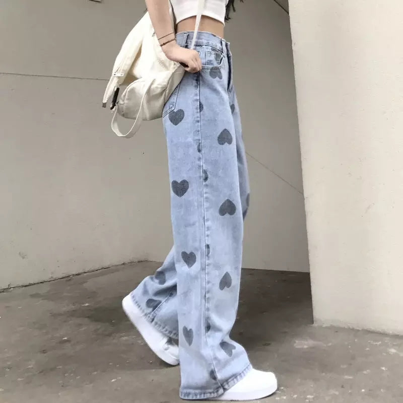 Cute Heart Denim Blue Loose High Waisted Straight Leg Flare Jeans Pants Aesthetic Casual Summer E-Girl Kawaii Korean Japanese Harajuku