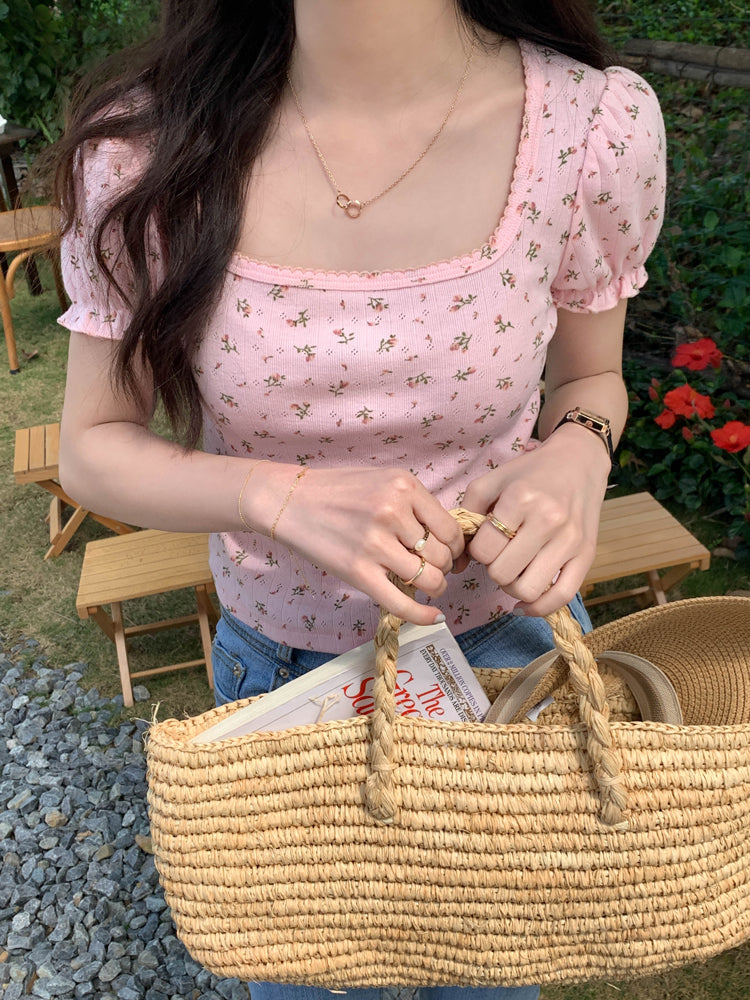 Pink Floral Puff Sleeve Square Collar Top