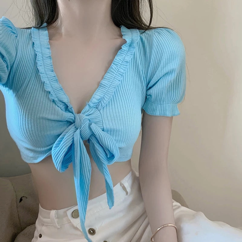 Cute Sexy Sweet Ruffles Bandage Short Sleeve Shirt Crop Top Summer Aesthetic Casual E-Girl Kawaii Korean Japanese Harajuku