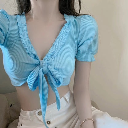 Cute Sexy Sweet Ruffles Bandage Short Sleeve Shirt Crop Top Summer Aesthetic Casual E-Girl Kawaii Korean Japanese Harajuku