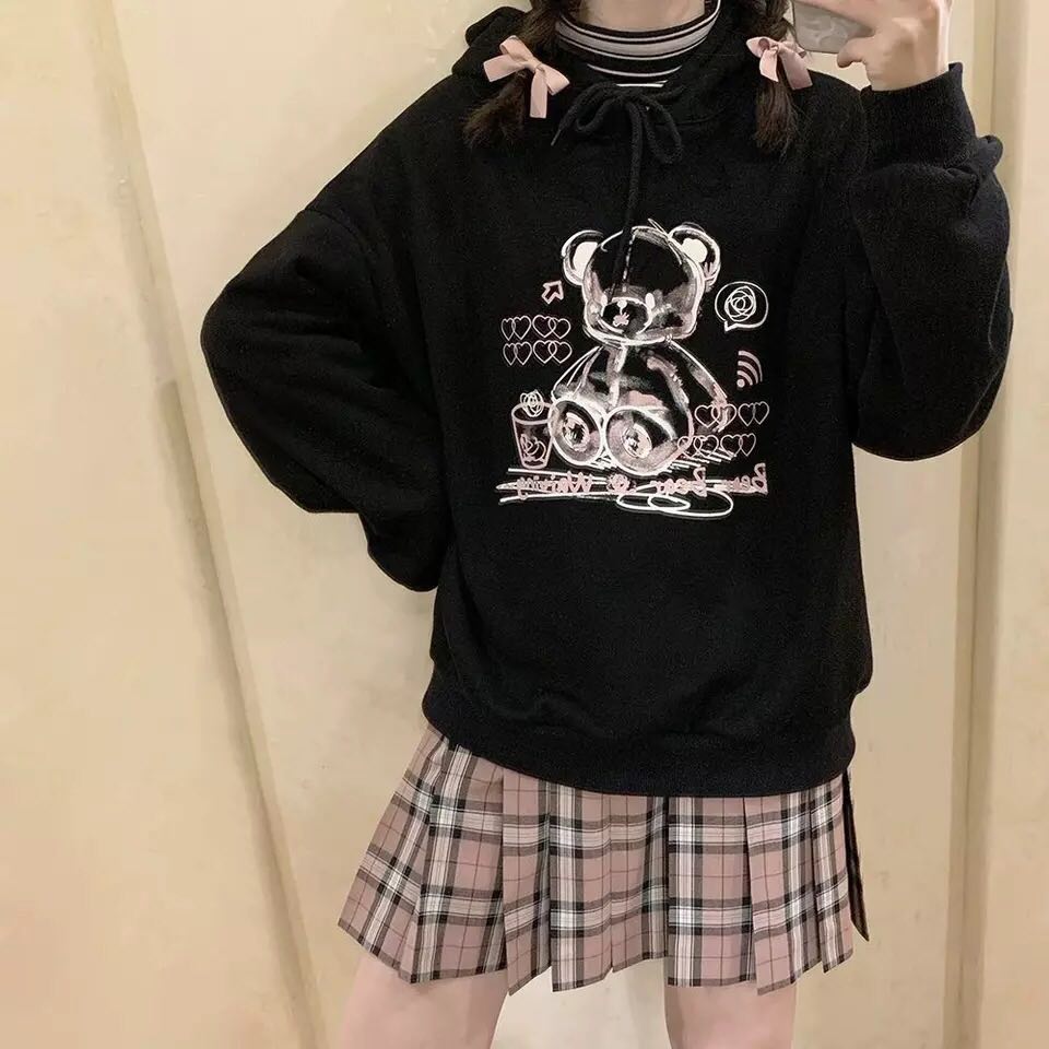 Cute Black Bear Cartoon Print Loose Long Sleeve Hoodie Sweatshirt Sweater Pullover Jumper Punk Goth E-Girl Kawaii Korean Japanese Harajuku Streetwear