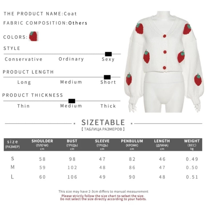 Cute White Strawberry Crochet Loose Cardigan Long Sleeve V Neck Sweater Aesthetic Casual Summer E-Girl Kawaii Korean Japanese Harajuku