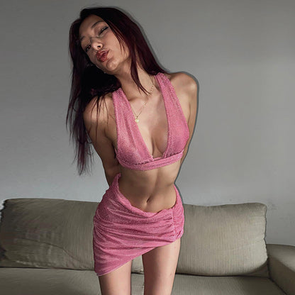 2PCS Pink Sequin Cut Out Tank Top + Mini Skirt