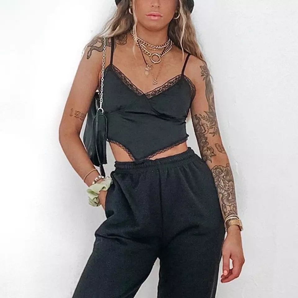 Sexy Bandage Lace Trim Sweet Satin V Neck Crop Top Camisole Spaghetti Strap Backless Shirt E-Girl Kawaii Korean Japanese Harajuku Streetwear