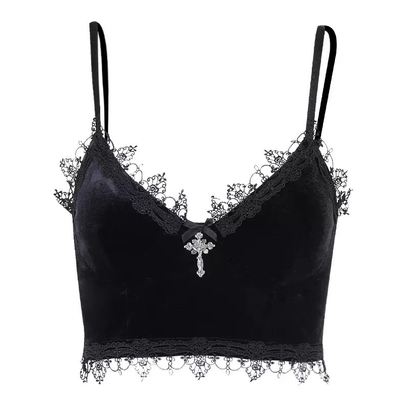 Cute Sexy Black Lace Trim Cross Goth Punk Backless Crop Top Tank Sleeveless Shirt Summer Casual E-Girl Kawaii Korean Japanese Harajuku Streetwear