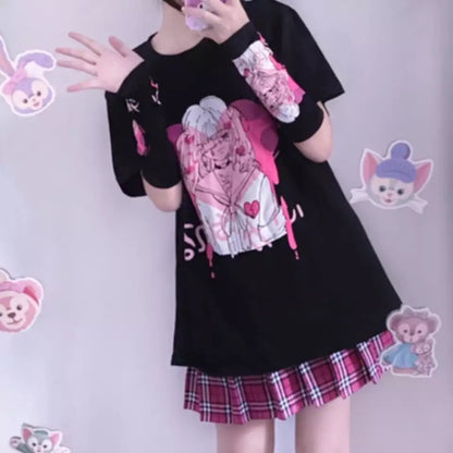 Cute Black Punk Goth Anime Girl Cartoon Print Short Sleeve Shirt Oversized Loose T-shirt Tee Top E-Girl Kawaii Korean Japanese Harajuku Streetwear