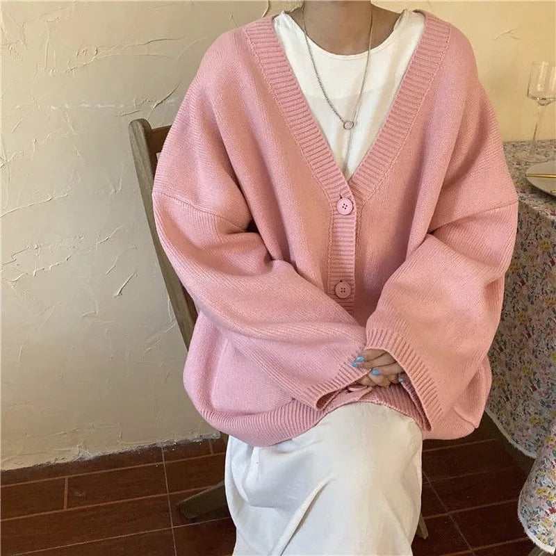 Cute Baby Pink V Neck Chic Loose Oversized Knit Cardigan Long Sleeve Sweater Jumper Aesthetic Casual Summer E-Girl Kawaii Korean Japanese Harajuku