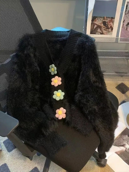 Fluffy Flower Button Cardigan