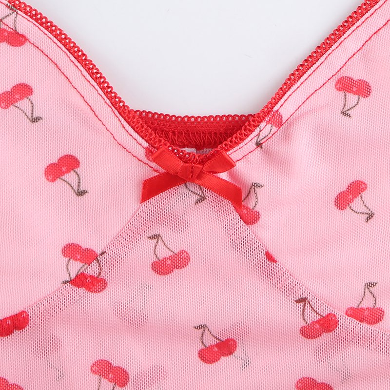Cute Sweet 90S Pink Cherry Print V Neck Crop Top Sleeveless Shirt Camisole Party Club Summer Casual E-Girl Kawaii Korean Japanese Harajuku Streetwear