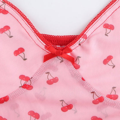 Cute Sweet 90S Pink Cherry Print V Neck Crop Top Sleeveless Shirt Camisole Party Club Summer Casual E-Girl Kawaii Korean Japanese Harajuku Streetwear