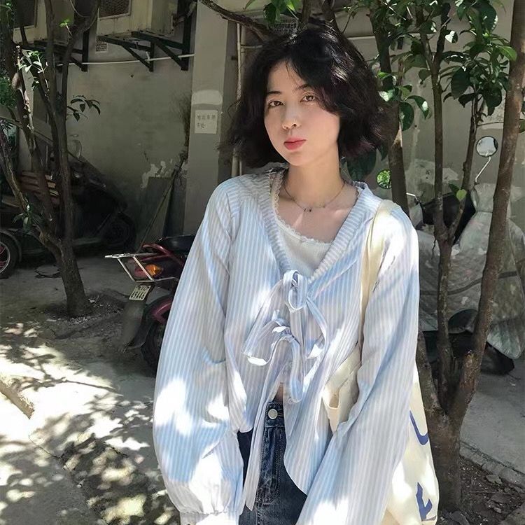 Blue Striped Bandage Long Sleeve Blouse